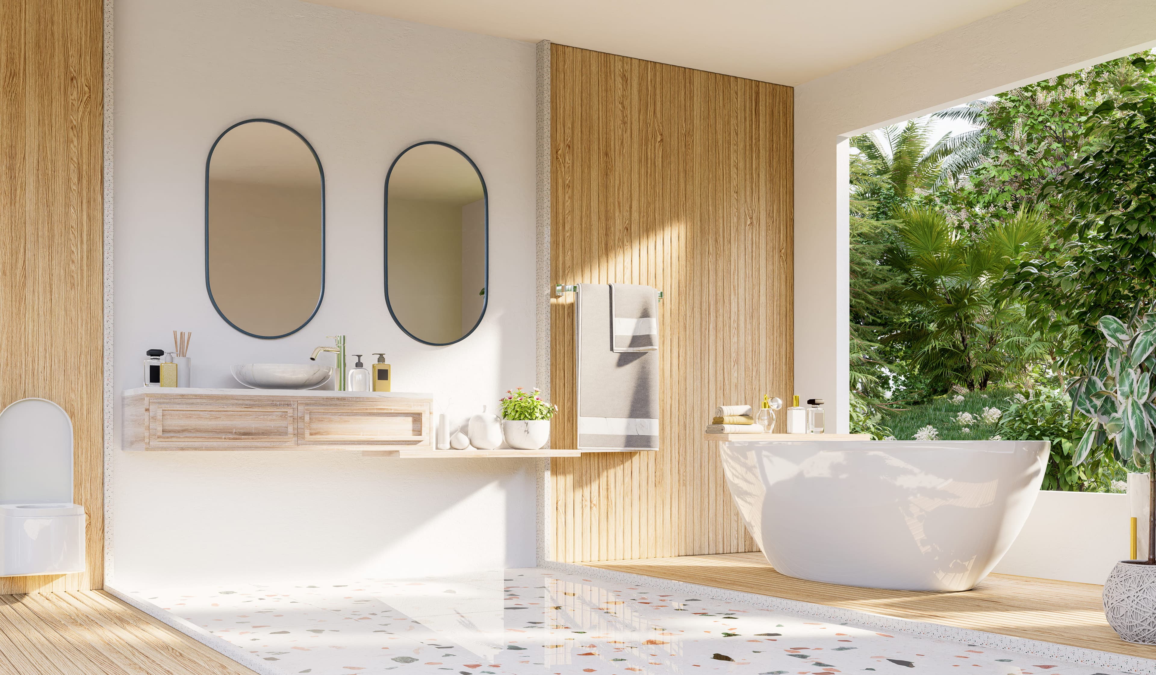 Sunlit bathroom with wood slat wall, floating vanity, and garden view