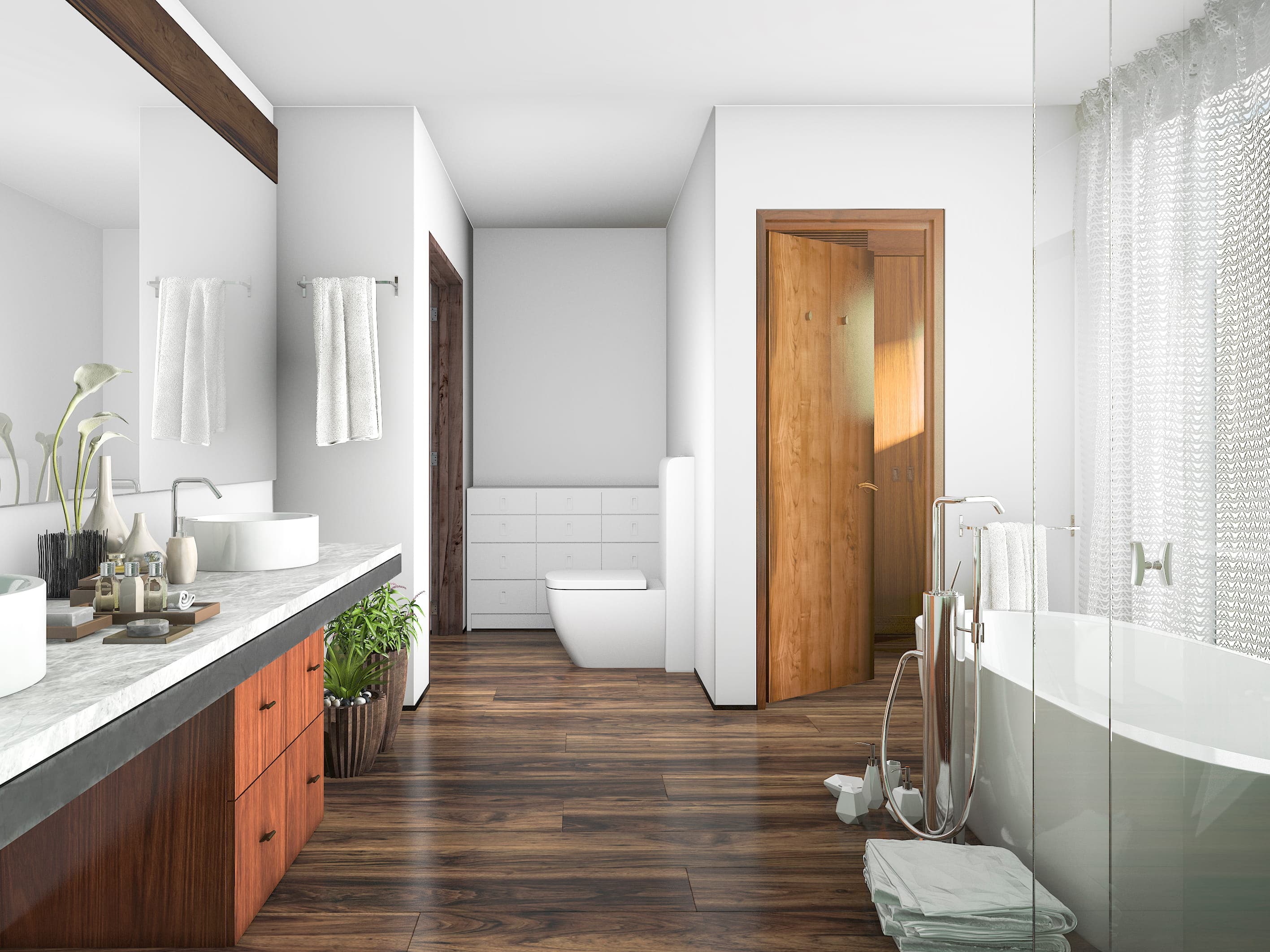 Contemporary bathroom with wood flooring, double vanity, and glass tub